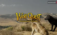 کاور بازی WolfQuest: Anniversary Edition با لوگوی رسمی بازی روی دو گرگ در دشتی تپه ای