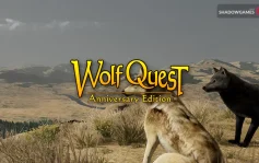کاور بازی WolfQuest: Anniversary Edition با لوگوی رسمی بازی روی دو گرگ در دشتی تپه ای